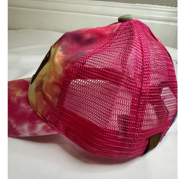 C.C. Tie Dye Trucker Hat Women OS Pink Repurposed Patch Ponytail Cap Excellent - Picture 5 of 8